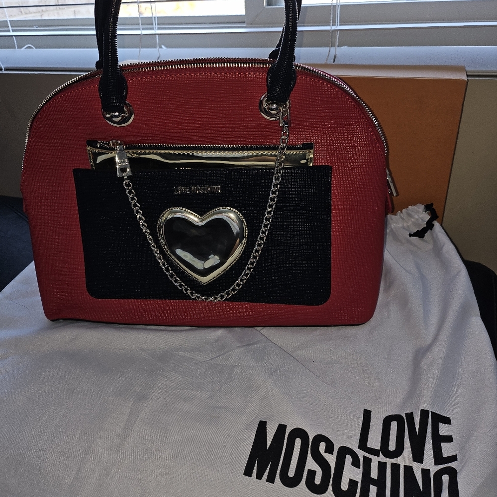 Love Moschino Red and Black Satchel with Heart Detail